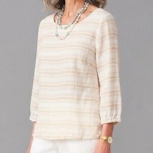Sigrid Olsen linen Top Striped Boat Neck Beige M coastal quiet luxury parisian